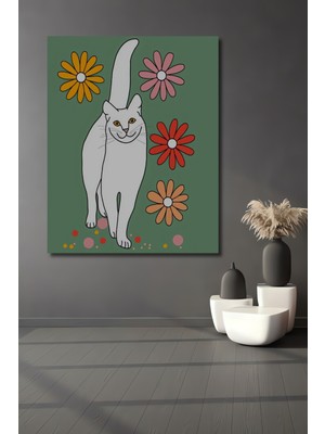 Teona Ahşap Renkli Çiçekler Arasında Gülümseyen Kedi Ahşap Dekoratif Tablo Dikdörtgen Tablo