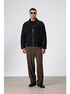 Vamosclo Oversize Fermuarlı Kaşe Ceket Siyah