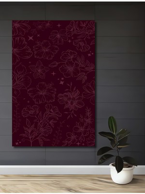 Teona Ahşap Bordo Zemin Üzerine Çiçek Çizimleri Görünümlü Dekoratif Ahşap Tablo Dikdörtgen Tablo