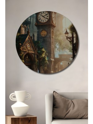 Teona Ahşap Steampunk Viktoryen Saat Kulesi Yağlı Boya Görünümlü Ahşap Dekoratif Tablo Yuvarlak Tablo