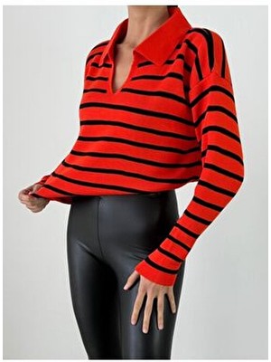 En Moda Kadın Polo Yaka Turuncu Çizgili Triko Kazak Uzun Kol Klasik Stil