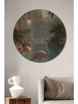 Teona Ahşap Tropikal Cennet Flamingo Yağlı Boya Görünümlü Ahşap Dekoratif Tablo Yuvarlak Tablo