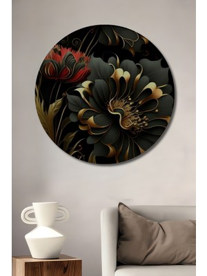 Teona Ahşap Altın Vurgulu Siyahın Zarafeti Çiçek Yağlı Boya Görünümlü Dekoratif Ahşap Tablo Yuvarlak Tablo