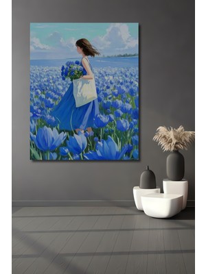 Teona Ahşap Mavi Çiçekler Arasında Yürüyen Kız Yağlı Boya Görünümlü Ahşap Dekoratif Tablo Dikdörtgen Tablo