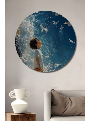 Teona Ahşap Çocuk ve Martılar Sulu Boya Görünümlü Soyut Sanat Ahşap Dekoratif Tablo Yuvarlak Tablo