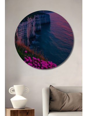 Teona Ahşap Günbatımında Deniz Kenarı Yağlı Boya Görünümlü Ahşap Dekoratif Tablo Yuvarlak Tablo