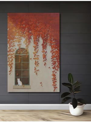 Teona Ahşap Kedi Pencerede Sonbahar Yaprakları Yağlı Boya Görünümlü Ahşap Dekoratif Tablo Dikdörtgen Tablo