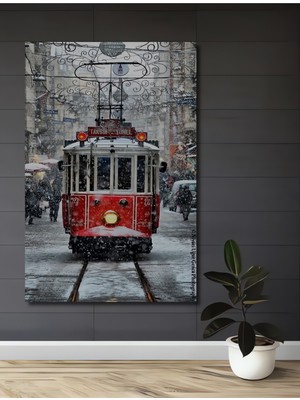 Teona Ahşap Kırmızı Tramvay Kar Yağışlı Istanbul Yağlı Boya Görünümlü Dekoratif Ahşap Tablo Dikdörtgen Tablo