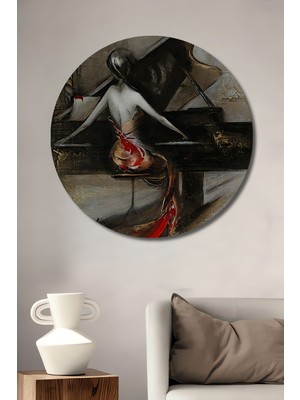 Teona Ahşap Piyanist Kızın Yağlı Boya Görünümlü Ahşap Dekoratif Tablosu Sanat Eseri Yuvarlak Tablo