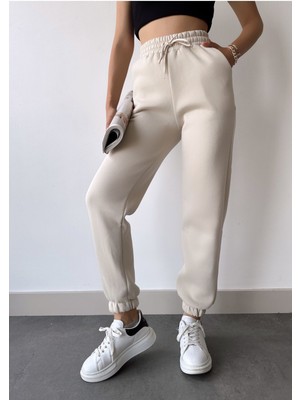 Schlank Kadın Bej Kışlık Kalın Içi Polarlı Yüksek Bel Paçası Lastikli Basic Jogger Eşofman Altı