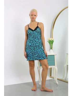 Marsilyan- Kadın Penye Su Yeşili Leopar Desenli Ip Askılı Gecelik