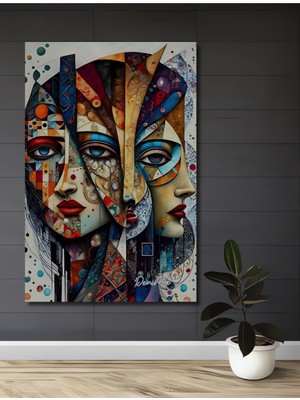 Teona Ahşap Soyut Yüz Sanat Tablosu Yağlı Boya Görünümlü Ahşap Dekoratif Tablo Dikdörtgen Tablo