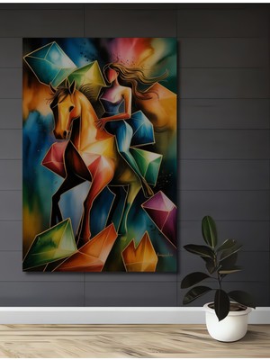 Teona Ahşap Renkli Atlı Kadın Yağlı Boya Görünümlü Ahşap Dekoratif Tablo Dikdörtgen Tablo