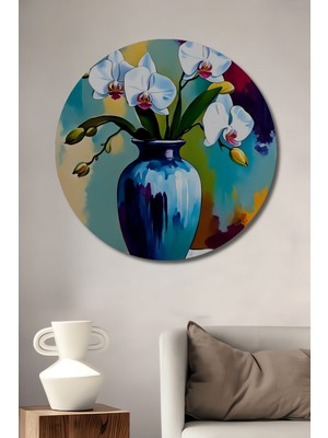 Teona Ahşap Zarif Orkide Çiçekleri Yağlı Boya Görünümlü Ahşap Dekoratif Tablo Yuvarlak Tablo
