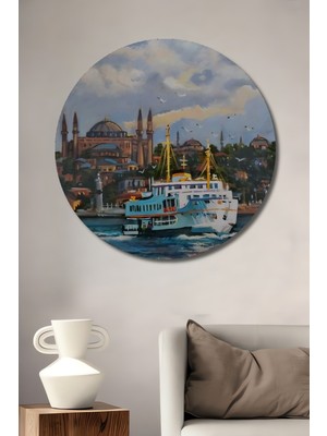 Teona Ahşap Istanbul Boğazı Yağlı Boya Görünümlü Ahşap Dekoratif Tablo Yuvarlak Tablo