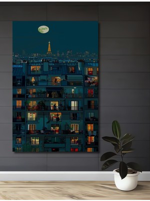 Teona Ahşap Paris Geceleri Eyfel Kulesi Yağlı Boya Görünümlü Ahşap Dekoratif Tablo Dikdörtgen Tablo