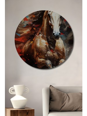 Teona Ahşap At Kır At Sulu Boya Görünümlü Ahşap Dekoratif Tablo Yuvarlak Tablo