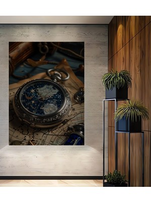 Teona Ahşap Antika Cep Saati Desenli Sulu Boya Görünümlü Dekoratif Ahşap Tablo Dikdörtgen Tablo