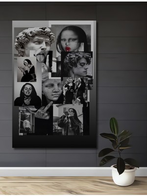 Teona Ahşap David ve Mona Lisa Kara Kalem Görünümlü Ahşap Dekoratif Tablo Dikdörtgen Tablo