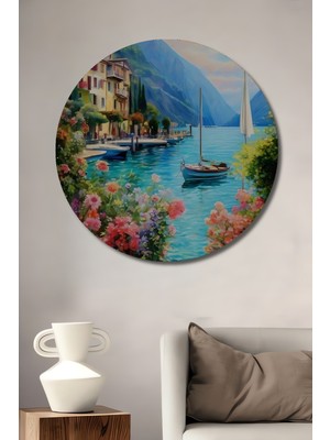 Teona Ahşap Yemyeşil Manzaralı Sahil Kasabası Sulu Boya Görünümlü Dekoratif Ahşap Tablo Yuvarlak Tablo