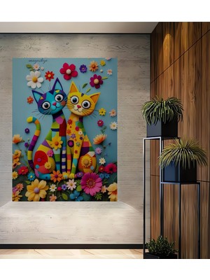 Teona Ahşap Renkli Kedi ve Çiçekler Yağlı Boya Görünümlü Ahşap Dekoratif Tablo Dikdörtgen Tablo