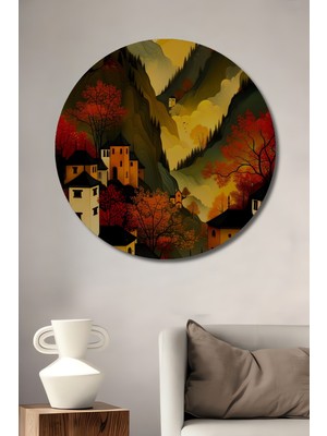 Teona Ahşap Altın Işıkla Boyanan Köy Manzarası Yağlı Boya Görünümlü Ahşap Dekoratif Tablo Yuvarlak Tablo