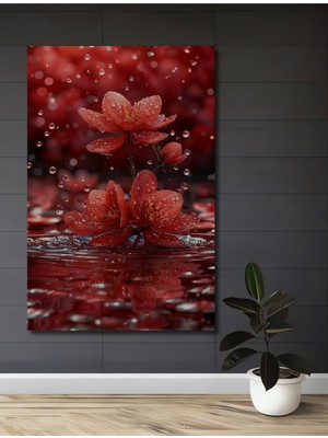 Teona Ahşap Kırmızı Çiçekler Yağmur Damlaları Yağlı Boya Görünümlü Ahşap Dekoratif Tablo Dikdörtgen Tablo