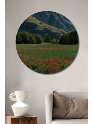 Teona Ahşap Kırmızı Gelincik Tarlası Yağlı Boya Görünümlü Dekoratif Ahşap Tablo Yuvarlak Tablo