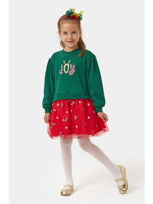 Le Mabelle Yeşil  Joy Baskılı Tül Etekli Kız Çocuk Elbise - Fragile