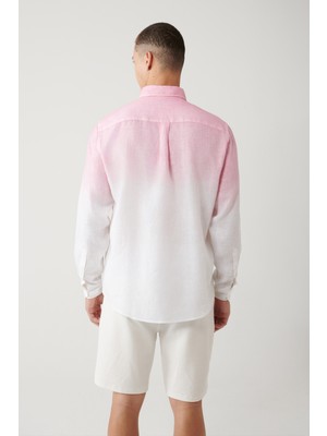 Avva Erkek Pembe Düğmeli Yaka %100 Keten Comfort Fit Gömlek A41Y2195