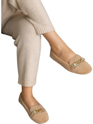 Liger Yumuşak Peluş Ses Yapmaz Hafif Taban Kadın Ev Babeti Panduf Bej