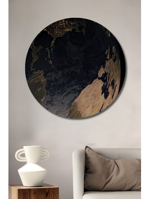 Teona Ahşap Dünya Gece Işıltısı Ahşap Dekoratif Tablo Yuvarlak Tablo