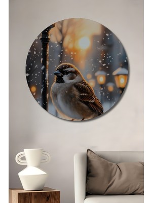 Teona Ahşap Kış Manzarası Yağlı Boya Görünümlü Dekoratif Ahşap Tablo Serçe ve Işıklar Yuvarlak Tablo