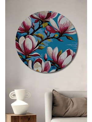 Teona Ahşap Manolya Çiçekleri Yağlı Boya Görünümlü Ahşap Dekoratif Tablo Yuvarlak Tablo