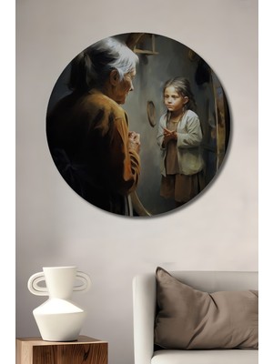 Teona Ahşap Yağlı Boya Görünümlü Ahşap Tablo Yaşlı Kadın ve Çocuk Aynada Yüzleşme Modern Sanat Yuvarlak Tablo