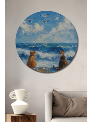 Teona Ahşap Deniz Kenarında Iki Kedi Yağlı Boya Görünümlü Ahşap Dekoratif Tablo Yuvarlak Tablo