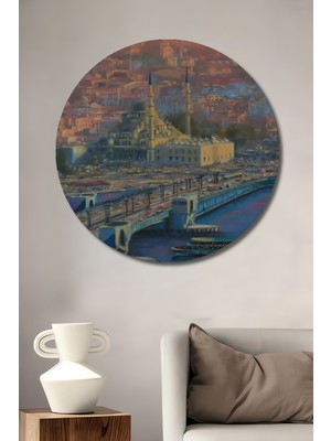 Teona Ahşap Istanbul Boğazı Tarihi Yarımada Yağlı Boya Görünümlü Dekoratif Ahşap Tablo Yuvarlak Tablo