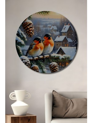 Teona Ahşap Kış Kuşları ve Çam Kozalakları Yağlı Boya Görünümlü Ahşap Dekoratif Tablo Yuvarlak Tablo