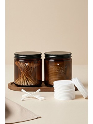 Khakma Ahşap Standlı Amber Cam Banyo Organizer Seti – Cotton Buds & Cotton Pads Yazılı – 2'li Set / 250 ml