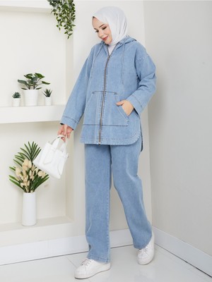 Pamuk Butik Kadın Pantolonlu Ikili Salaş Kot Takım -PMK488