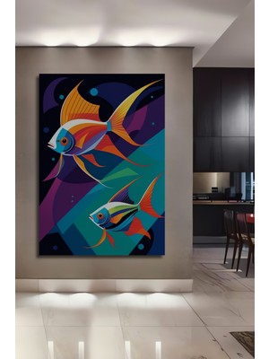 Teona Ahşap Renkli Balıklar Modern Sanat Sulu Boya Görünümlü Ahşap Dekoratif Tablo Dikdörtgen Tablo