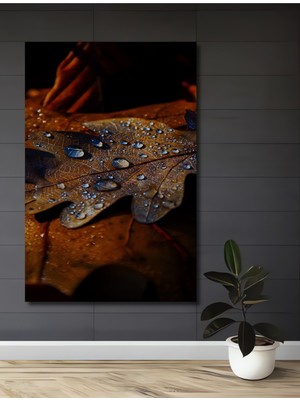 Teona Ahşap Yağlı Boya Görünümlü Ahşap Tablo Sonbahar Yaprağı ve Su Damlaları Sanat Eseri Dikdörtgen Tablo