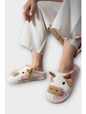 Liger Inek Figürlü Nakışlı Kaydırmaz Taban Kışlık Unisex Ev Terliği Beyaz - Pudra