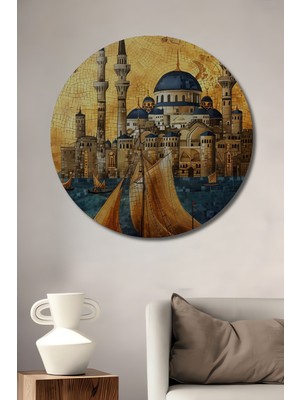 Teona Ahşap Istanbul Boğaziçi Mimarisi Ahşap Dekoratif Tablo Yağlı Boya Görünümlü Modern Sanat Yuvarlak Tablo