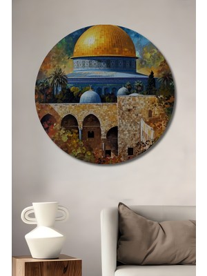 Teona Ahşap Altın Kubbeli Kudüs Yağlı Boya Görünümlü Ahşap Dekoratif Tablo Yuvarlak Tablo