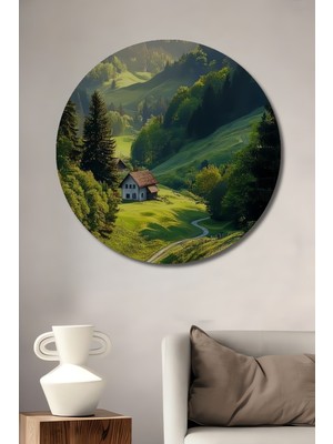 Teona Ahşap Yeşil Vadi Manzarası Sulu Boya Görünümlü Dekoratif Ahşap Tablo Yuvarlak Tablo