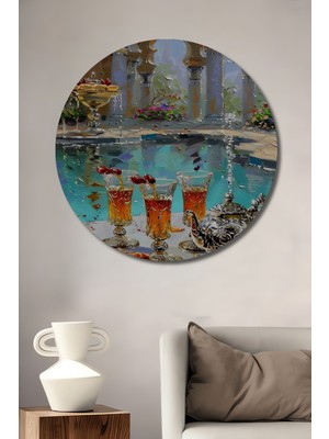 Teona Ahşap Osmanlı Sarayı Bahçe Manzarası Şerbet Görünümlü Yağlı Boya Sanat Ahşap Tablo Yuvarlak Tablo