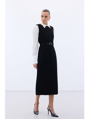 Sateen Kemerli Tüvit Elbise - Ekru