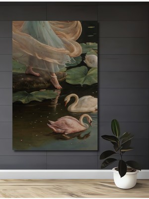 Teona Ahşap Gölde Kuğu ve Peri Yağlı Boya Görünümlü Ahşap Dekoratif Tablo Dikdörtgen Tablo