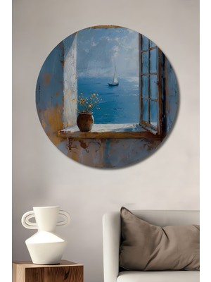 Teona Ahşap Pencereden Esen Huzurlu Yelkenli Manzaralı Yağlı Boya Görünümlü Ahşap Dekoratif Tablo Yuvarlak Tablo